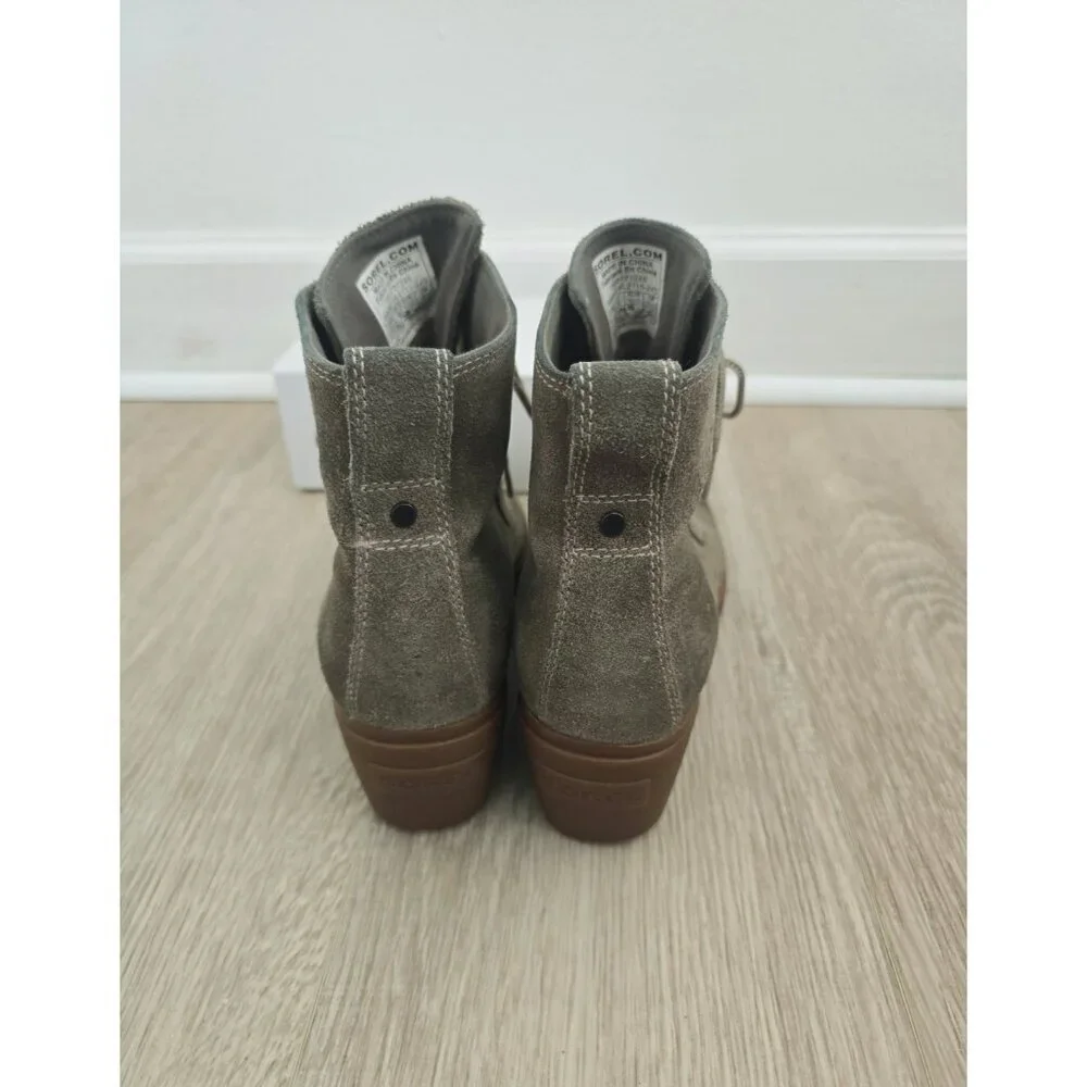 Sorel Toronto Olive Taupe Suede Leather Lace Up Wedge Above Ankle Boots 9.5